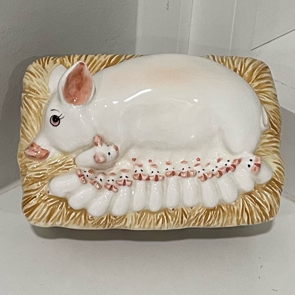 Vintage Fitz and Floyd Trinket Dish Lidded Box Mama Pig Nursing Piglets Litter